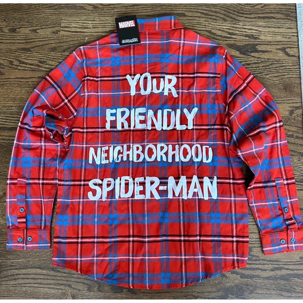 Marvel X Cakeworthy Spider-Man Flannel Shirt Red Blue Plaid Embroidered Mens M